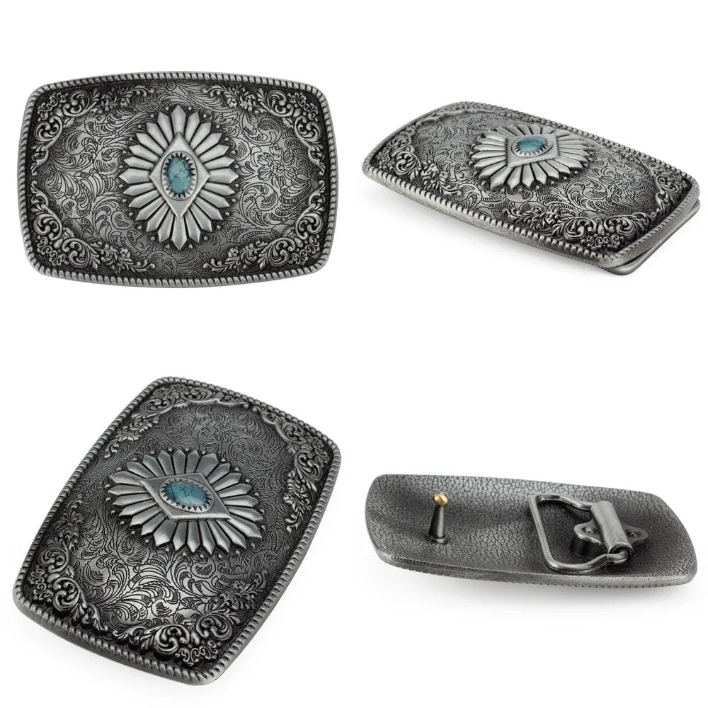 Bronze Sapphire Blue Belt Buckle Exquisite Decorative Pattern for Ｍen Cowboy Big