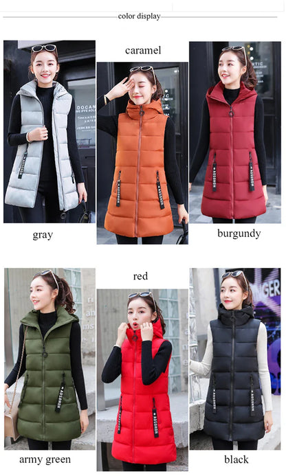 Autumn Winter Mid-length Women's Vest Coat Casual Zipper Sleeveless Warm Jacket Solid Color Hooded Ladies Vest Parkas for women