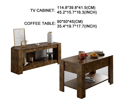 Table TV et Table basse relevable avec rangement, Table centrale relevable en bois rustique pour salon