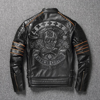 CC Shop.Brand skull cowhide coat.8XL Plus black slim genuine leather jacket,Rider leather cloth.Chaqueta de cuero esqueleto