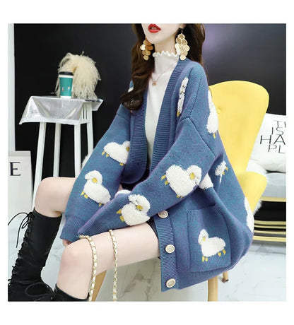 Women Winter Knit Sweater Coat V Neck Sheep Cardigans Christmas Sweaters Warm Knitted Sueter Mujer Loose Long Sleeve Jacket