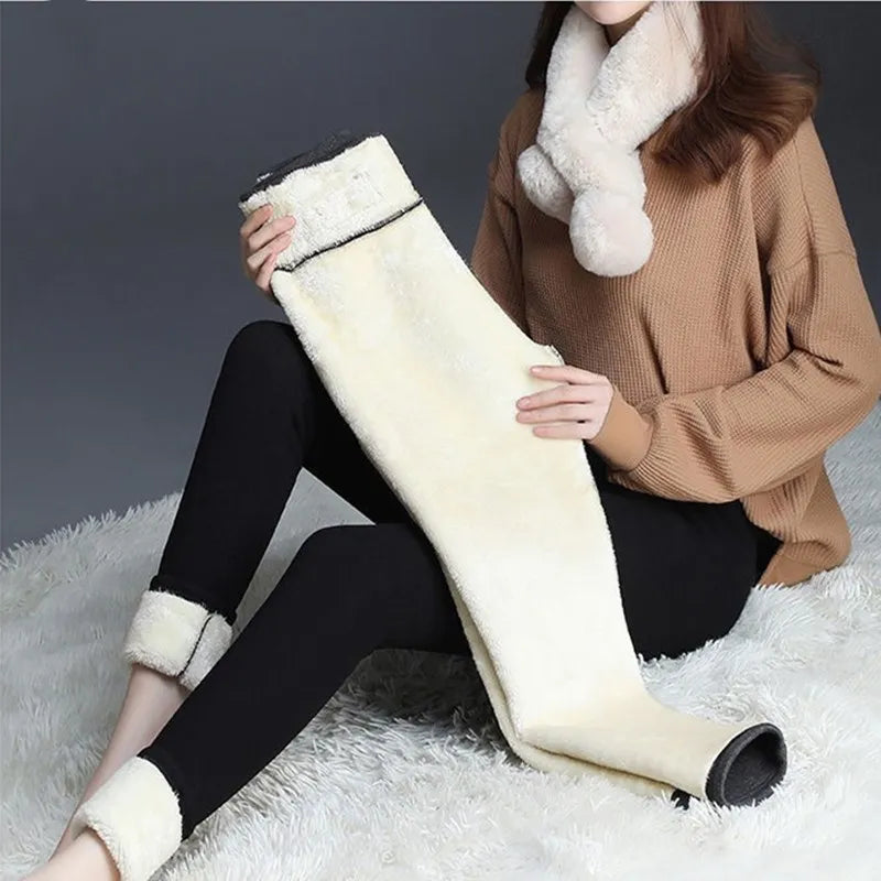 Hiver femmes Leggings solide chaud Leggings épaissir laine d'agneau taille haute polaire garder bout à bout haute extensible pantalon de marche poche