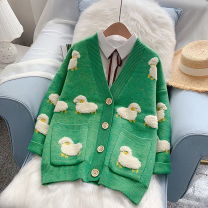 Women Winter Knit Sweater Coat V Neck Sheep Cardigans Christmas Sweaters Warm Knitted Sueter Mujer Loose Long Sleeve Jacket