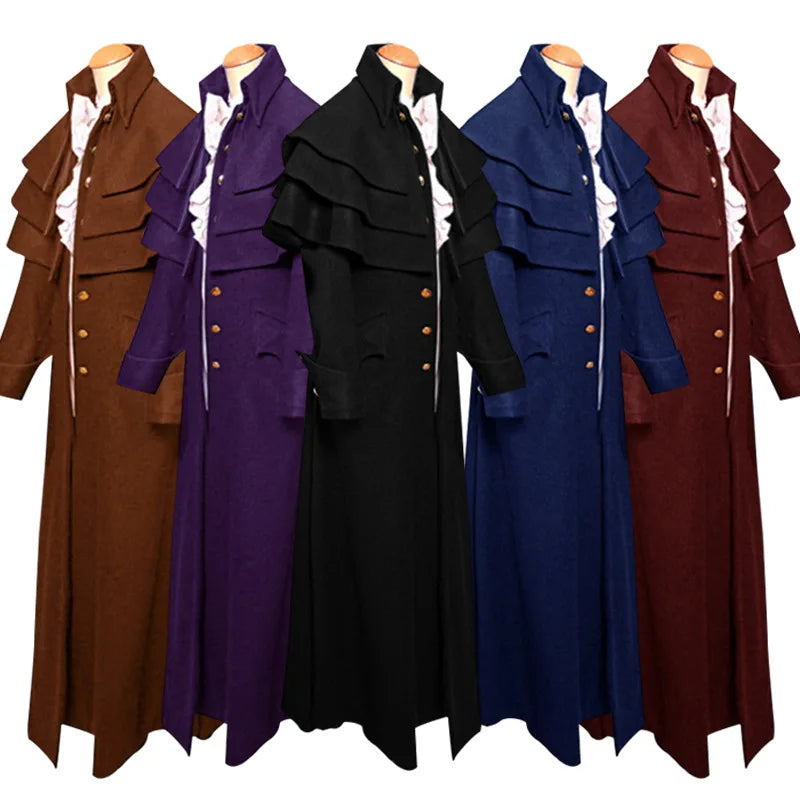 Halloween Medieval Steampunk Assassin Elves Pirate Costume For Adult Black Vintage Long Split Jacket Gothic Armor Leather Coats
