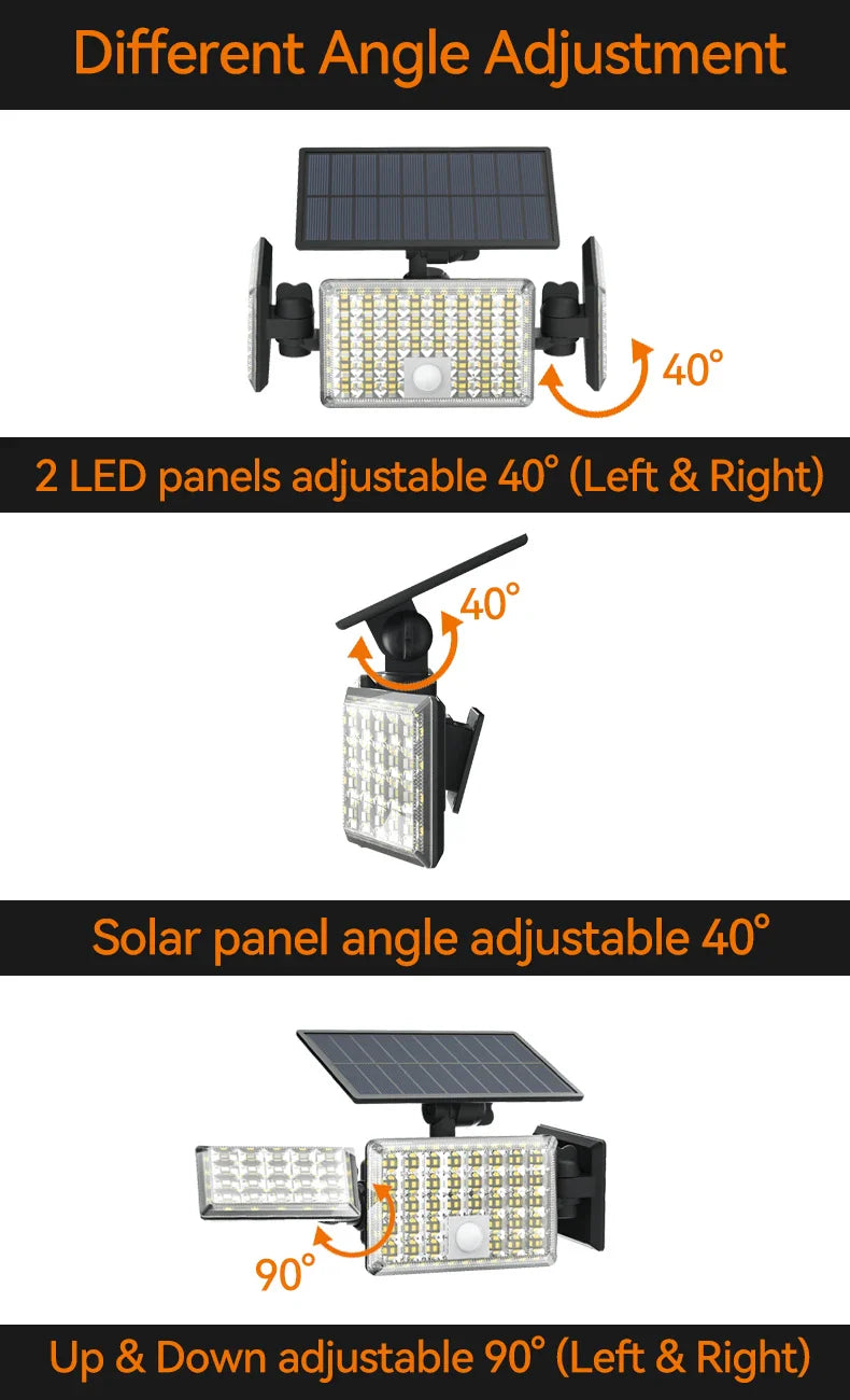 192 LED PIR Motion Sensor 3 Head Solar Outdoor Security Wall Light 270 Degree Wide Angle for Garden Garage Warehouse Pool-IP65