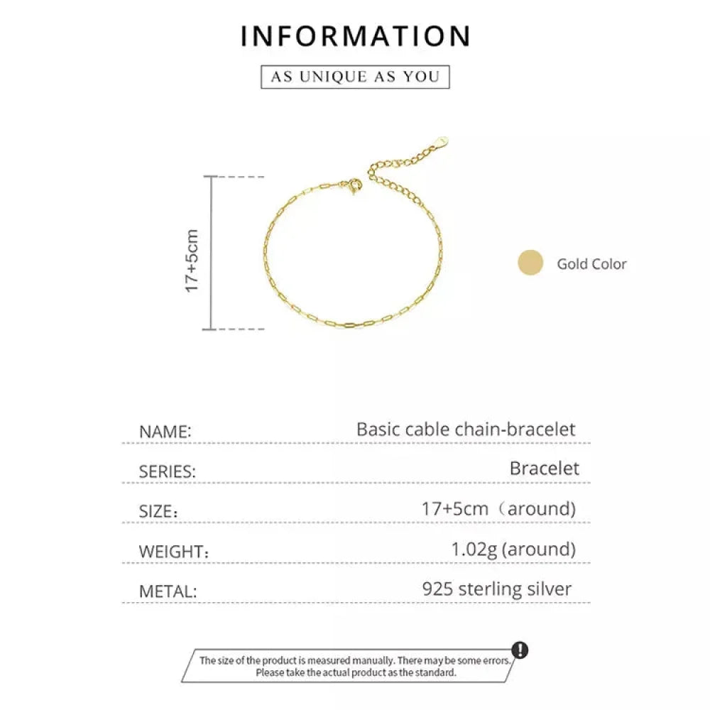 925 Sterling Silver Gold Cable Chain Bracelet