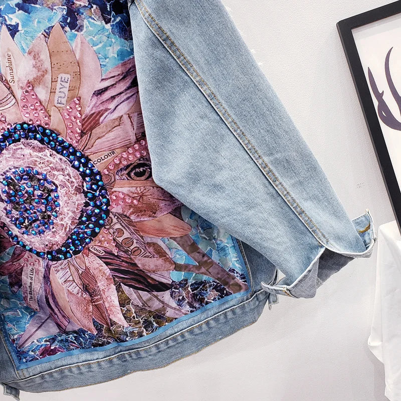 Women Denim Jacket feminine Spring Autumn Boho Sequin Floral Appliques Embroidery Coat Long Sleeve Outerwear Female Veste femme