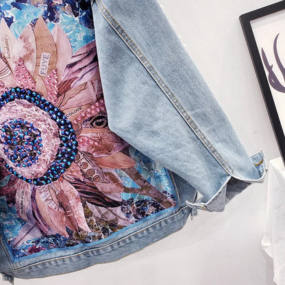 Women Denim Jacket feminine Spring Autumn Boho Sequin Floral Appliques Embroidery Coat Long Sleeve Outerwear Female Veste femme