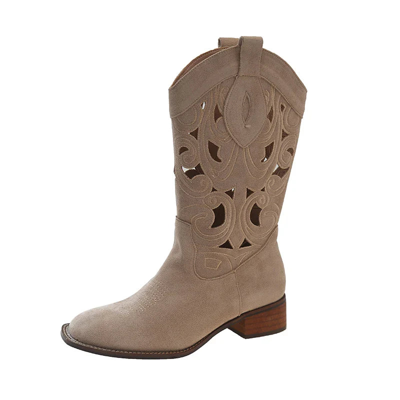 Fashionable New Summer Women's Casual Hollow Out Cool Shoes Thick Heel Embroidered Knight Boots Versatile Midsole Denim Boots
