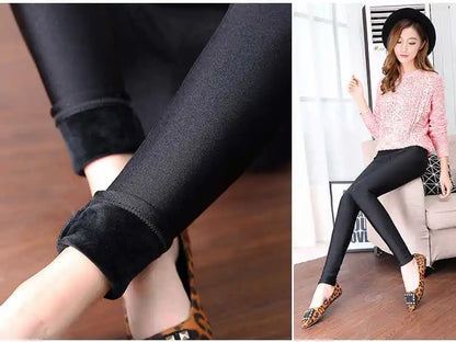 Automne hiver épais Leggings mode solide mince pantalon dame polaire chaud Leggings décontracté noir brillant taille haute Leggings