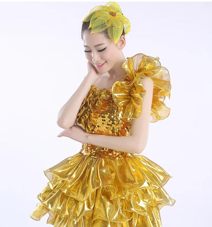 New Gold Jazz Sequins Modern Dance Costumes Stage Performance Tutu Adult Women's Guzheng Costumes
