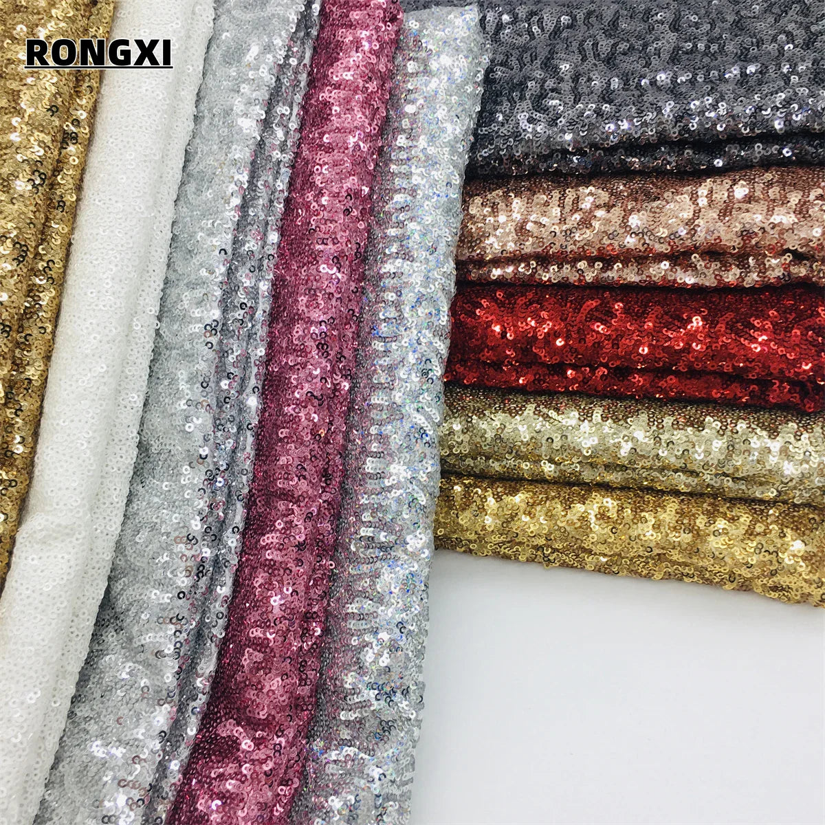 Tissu brodé haute qualité RX258 en satin, mat, haute densité, pailleté, 3mm, 13 coloris, base blanche