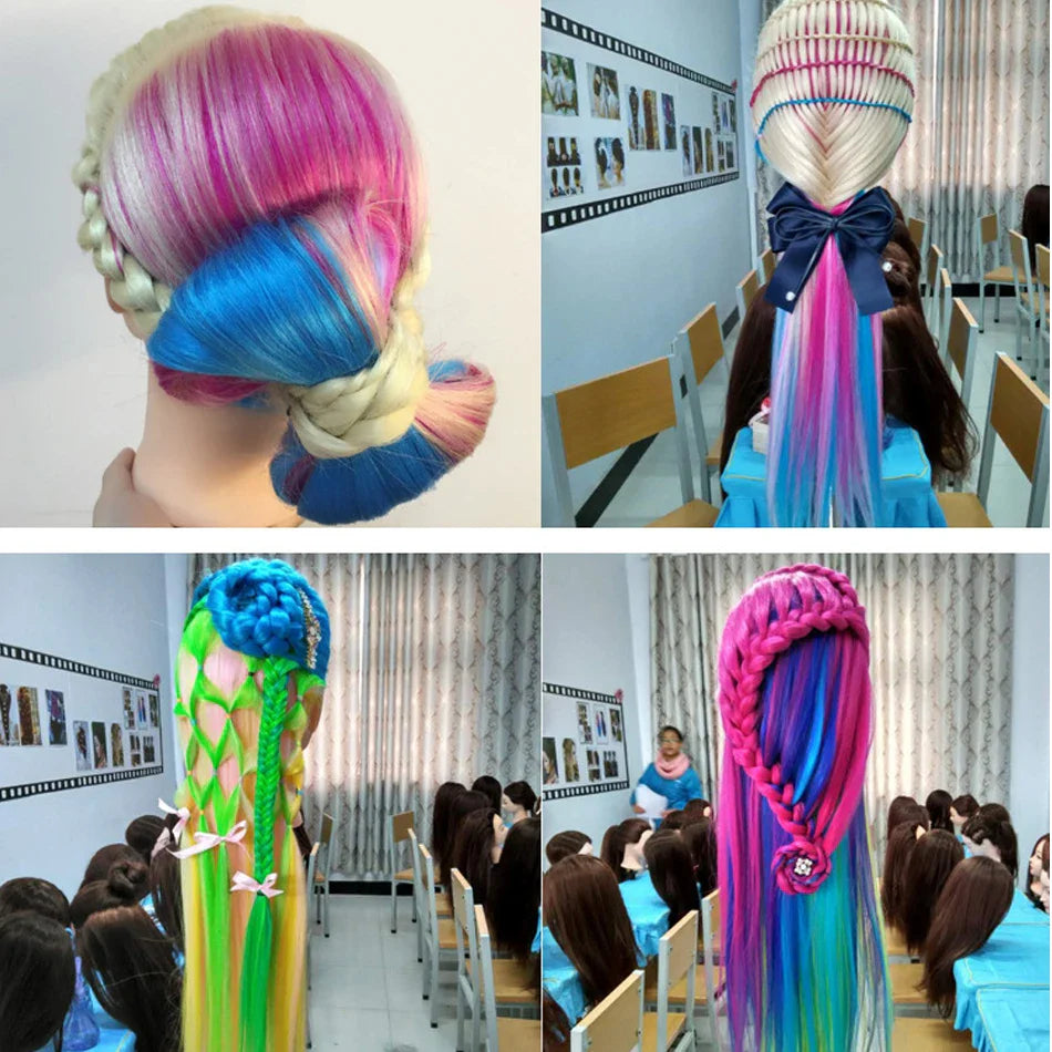 Tête de mannequin à cheveux longs synthétiques avec support de trépied de perruque réglable Modèle avec tête de mannequin Formation de coiffeur coiffant