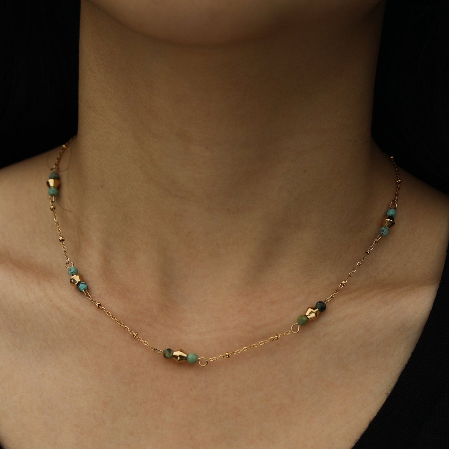 IMANI: Mix Bead Dainty Gold Chain Necklace featuring Natural Stones