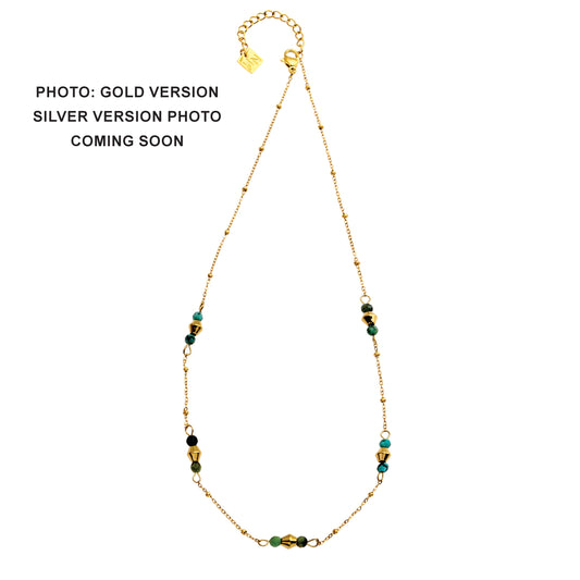 IMANI : Collier Fin en Chaîne Perles Mélangées avec Pierres Naturelles et Métal Or Blanc (ton Argent)