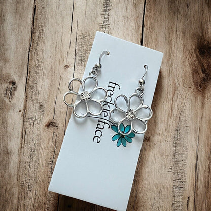Cutie Patootie Flower Earrings – Silver Floral Dangles with Rhinestone Center