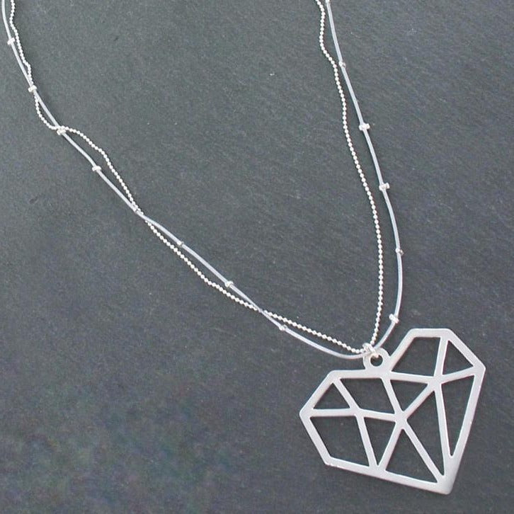 Double Strand Necklace With Heart Pendant In Silver Plate