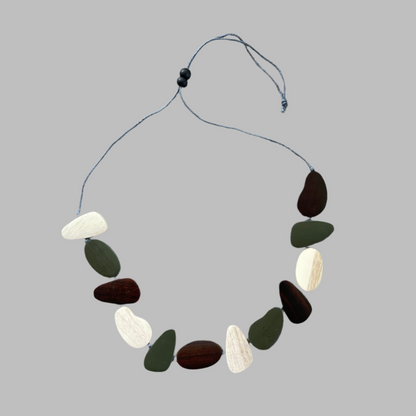 Wooden Pebble Necklace -Green, Brown & Cream