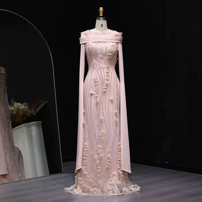 Robe de soirée pudique à manches cape fleuries