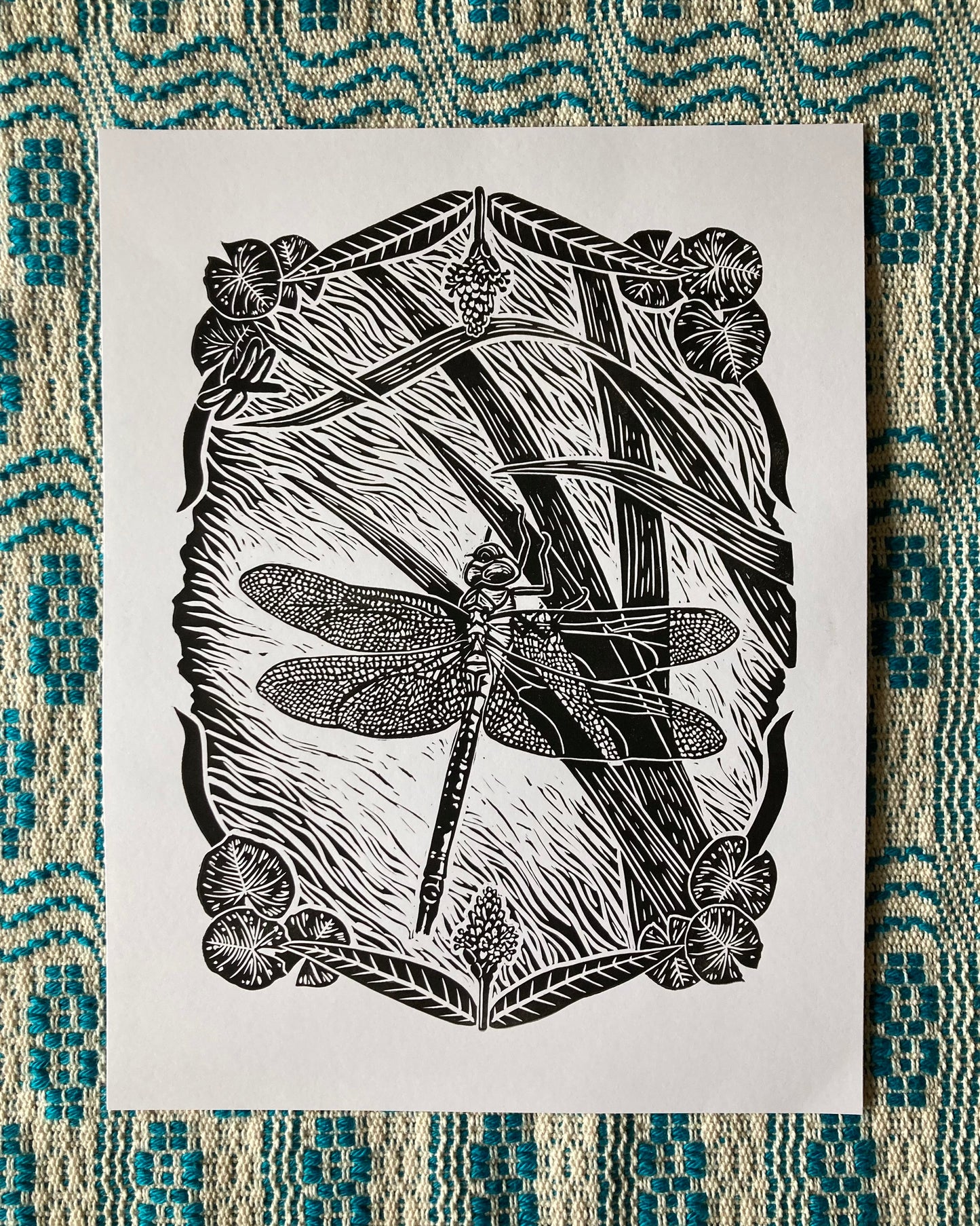 'Green Darner Dragonfly' lino print