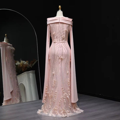 Robe de soirée pudique à manches cape fleuries