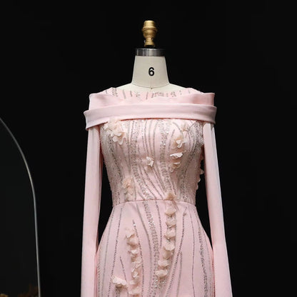 Robe de soirée pudique à manches cape fleuries