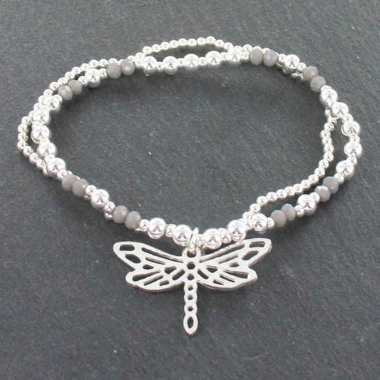 Double Strand Bracelet With Dragonfly Pendant In Silver Plate