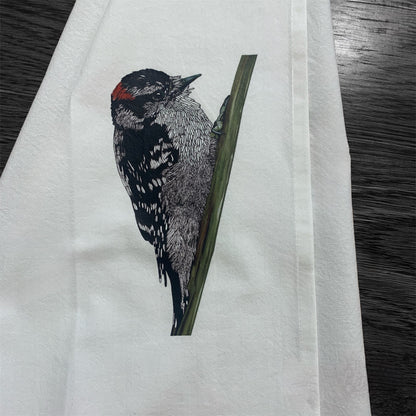 Flour Sack Tea Towel - 100% Organic Cotton - Downy Woodpecker