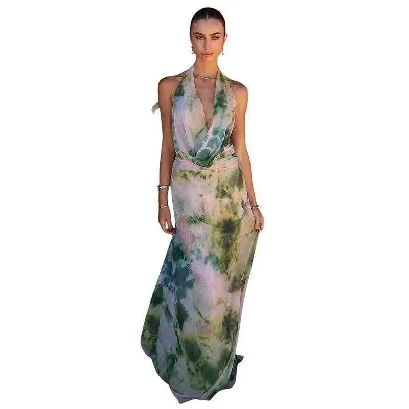 Ink Printed Deep-V Backless Pleated Skirt Suit