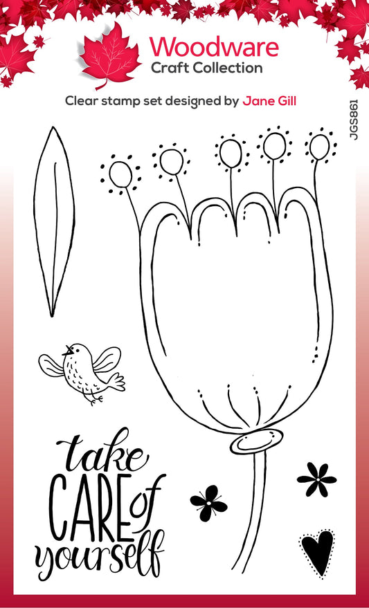 Woodware Clear Singles Petal Doodles Take Care 4 in x 6 in Stamp Set