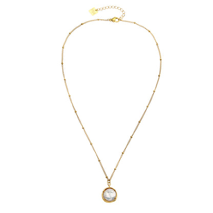 LERATI: Beaded Chain with an Encased Fresh Water Pearl Pendant in Gold