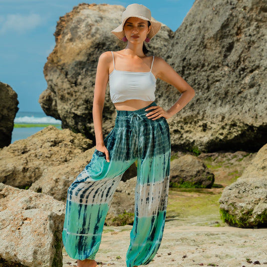 Pantalon Bali rayé tie-dye - Turquoise et gris
