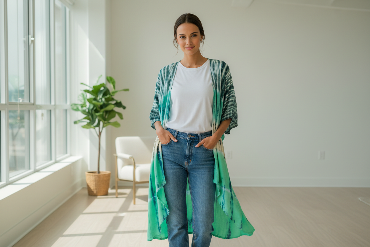 Tie Dye Stripe Long Kimono - Turquoise & Grey