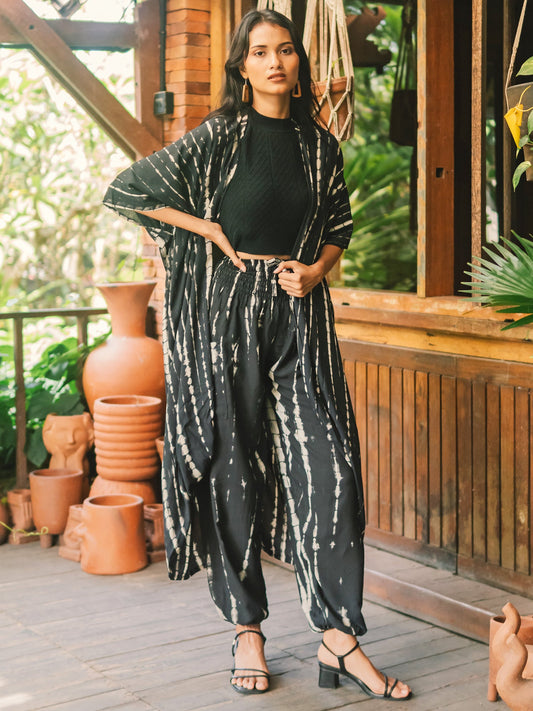 Kimono long tie-dye noir et blanc