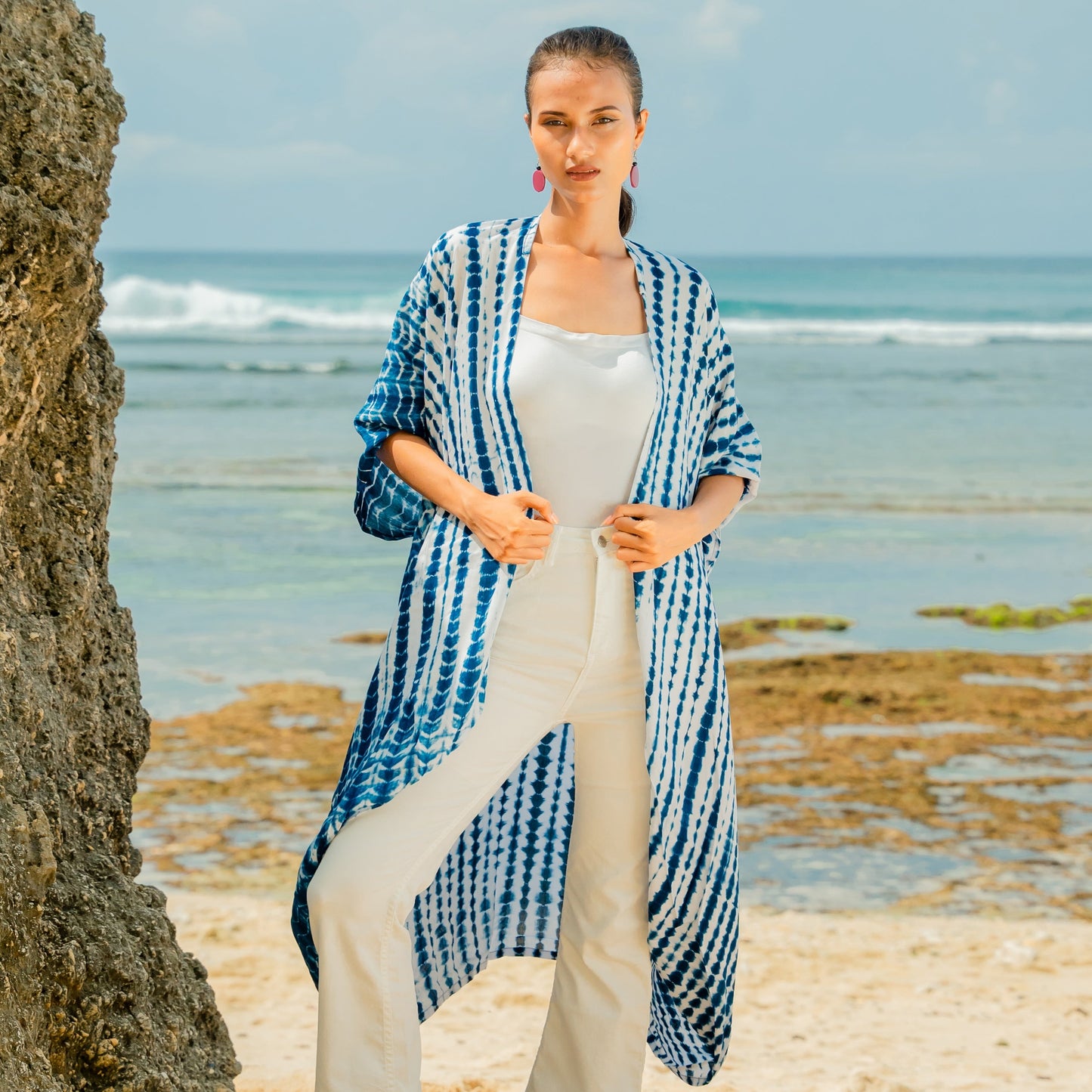 Bone Tie Dye Kimono- Navy & White