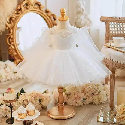 Long Sleeve Handmade Pearl Embroidery Children Princess Dress Gown