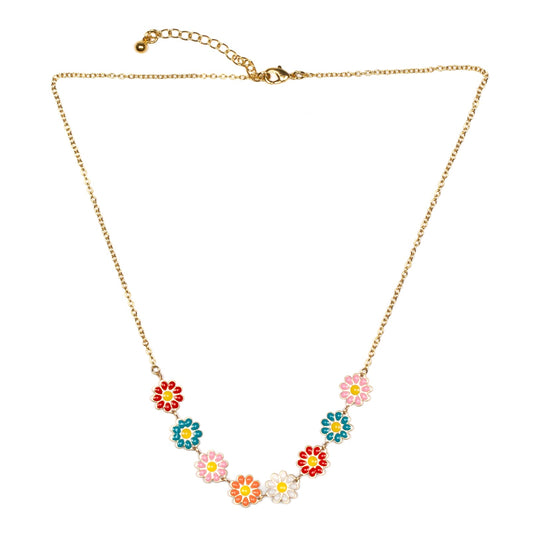 Collier en chaîne avec fleur émaillée multicolore
