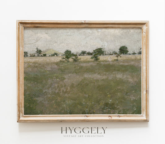 Peinture de Paysage Vintage - Champ Vert et Arbres aux Couleurs Estompées L245