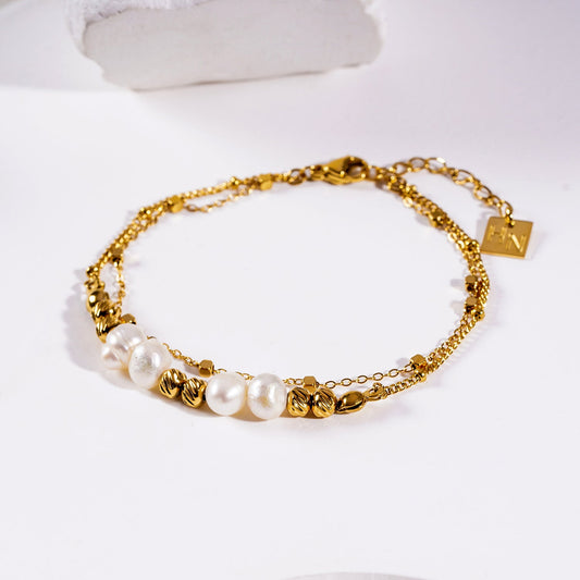 MARENTA : Bracelet chaîne harmonie dorée avec perles d'or et perles de culture