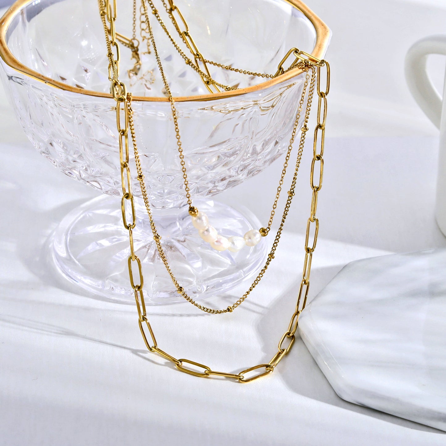 MARLI 3-Layer Multi Chain Gold Necklace featuring Natural Pearls