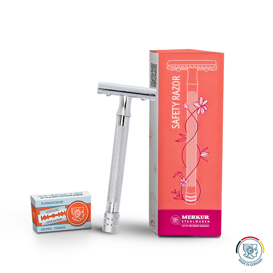 Rasoir de sûreté Merkur pour femme, 3 pièces, peigne fermé, manche extra long moleté, chrome, coffret rose