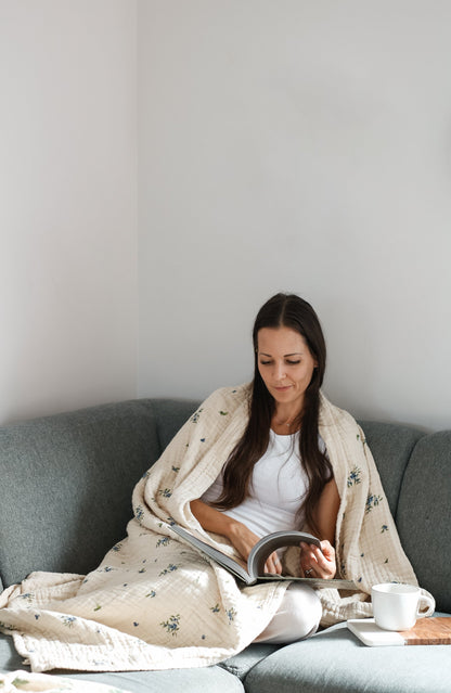 Organic Cotton Muslin Blanket, 4 Layers, Twin Size (60 X 74) - Blueberry