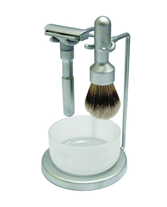 Merkur 4-Piece Shaving Set with Futur Adjustable Razor (700002), Silver Tip Badger Shave Brush, Round Razor Stand and Crystal Glass Shave Bowl, Matte