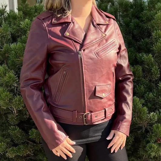 Veste de motard en cuir d'agneau pour femme avec ceinture