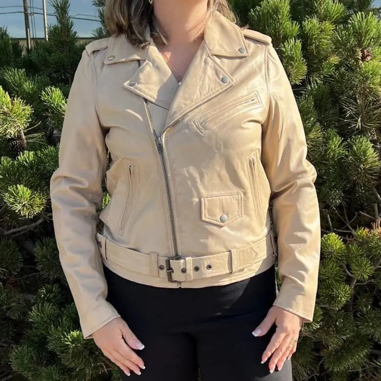 Women's Lamb Leather Biker Style Jacket with Belt