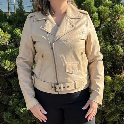 Women's Lamb Leather Biker Style Jacket with Belt