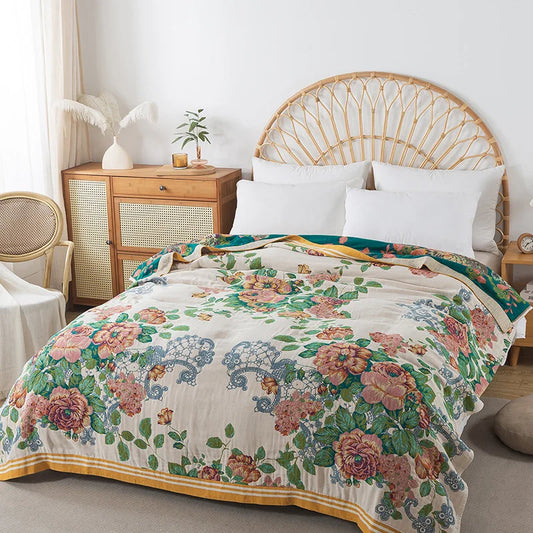 Wild Garden Boho Cotton Blanket/Throw - Cream/Blush