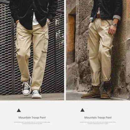 Men's Retro Khaki Tapered Mountain Army Pocket Zipper Casual Pants