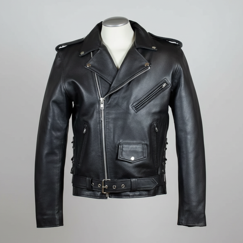 Blouson de moto en cuir coupe classique pour homme avec laçage latéral