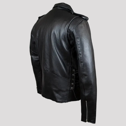 Blouson de moto en cuir coupe classique pour homme avec laçage latéral